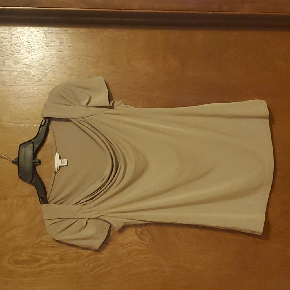 Taupe Swoop Neck Bell Short Sleeve  Stretch Shirt S